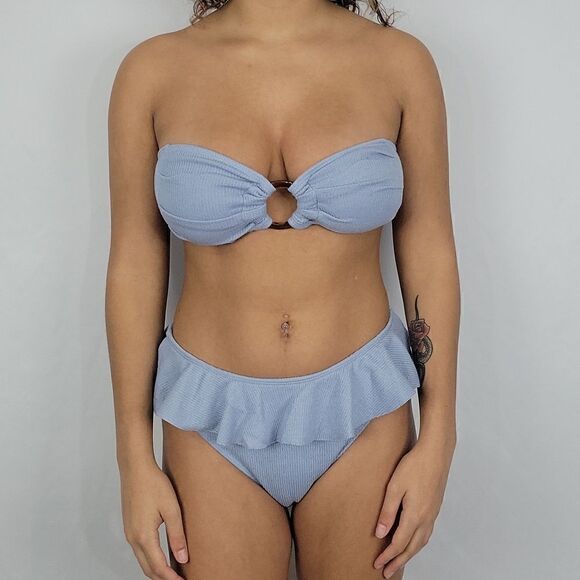 Baby Blue Ruffle O Ring Linked Bandeau Beach High Rise Bikini Swimsuit 2 Piece - Picture 2 of 5